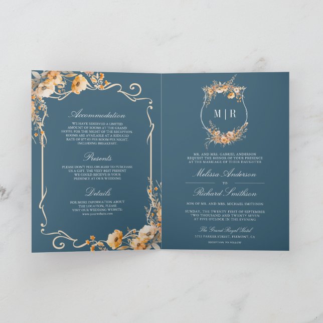 Invitation Fall Wildflower Crest Dusty Blue QR Code Wedding (Intérieur)
