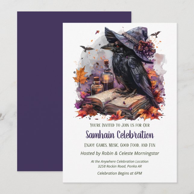 Invitation Fall Witch Raven Samhain Spooky Halloween Party (Devant / Derrière)