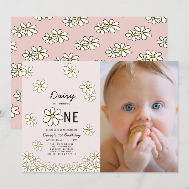 Invitation Falling Daisies Floral Pink Photo 1er anniversaire (Devant / Derrière)