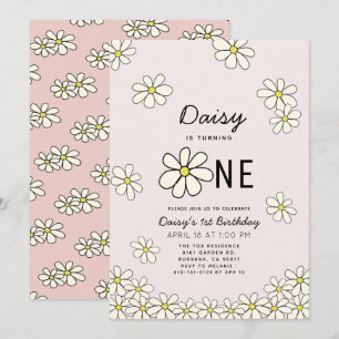 Invitation Falling Daisys Floral Pink 1er Anniversaire