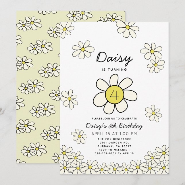 Invitation Falling Daisys White Floral Anniversaire Invitati (Devant / Derrière)
