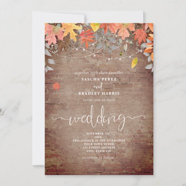 Invitation Falling Feuille Brick String Lights Mariage d'auto (Devant)