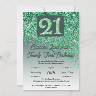 Invitation Falling Green Parties scintillant 21e fête d'anniv