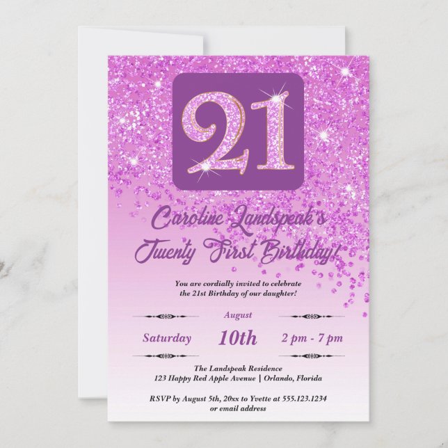Invitation Falling Pink Parties scintillant 21e fête d'annive (Devant)