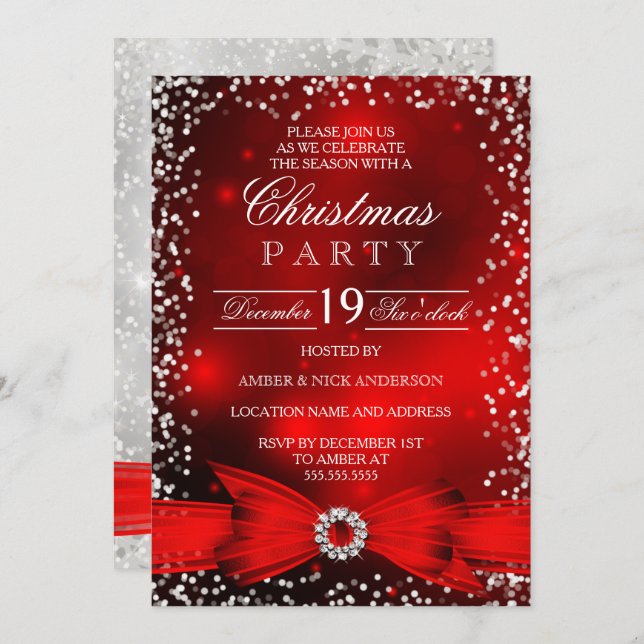 Invitation Falling Snow Red White Bow Christmas Party (Devant / Derrière)
