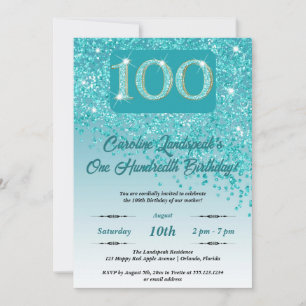 Invitation Falling Turquoise Blue Parties scintillant 100th B