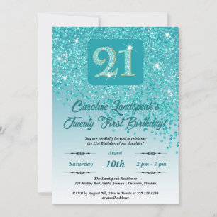 Invitation Falling Turquoise Blue Parties scintillant 21st Bi