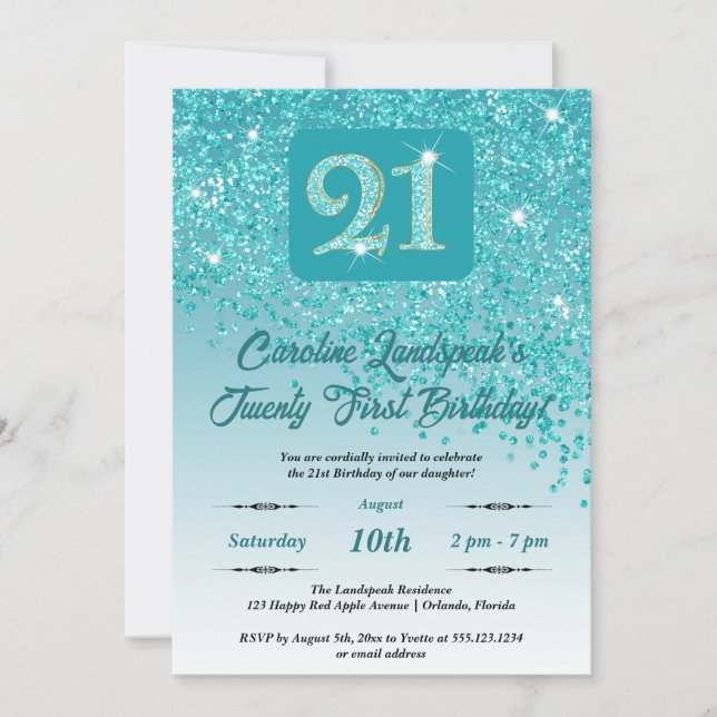 Invitation Falling Turquoise Blue Parties scintillant 21st Bi (Devant)