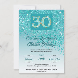 Invitation Falling Turquoise Blue Parties scintillant 30th Bi
