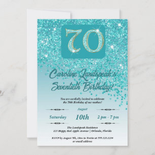 Invitation Falling Turquoise Blue Parties scintillant 70th Bi