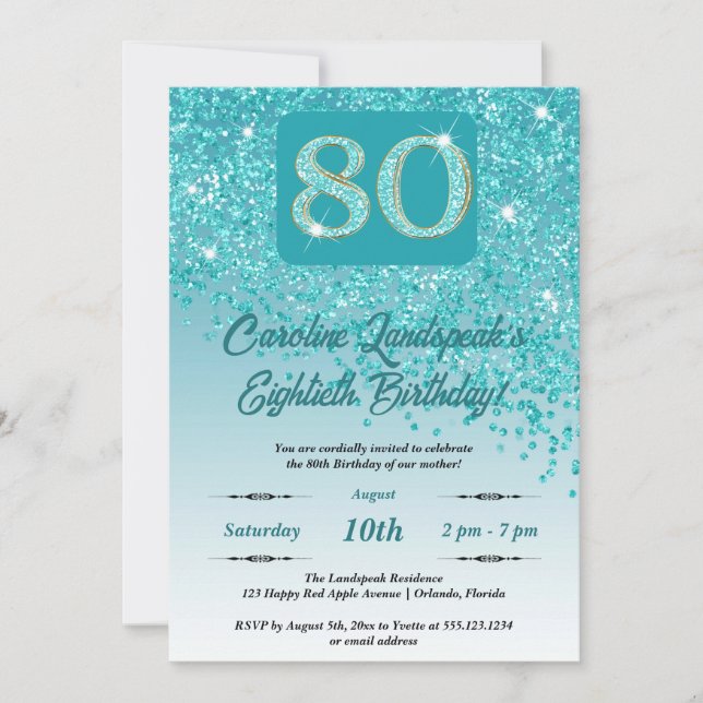 Invitation Falling Turquoise Blue Parties scintillant 80th Bi (Devant)