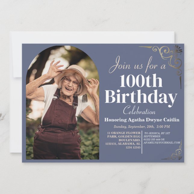 Invitation Famille 100e fête d'anniversaire Simple photo élég (Devant)