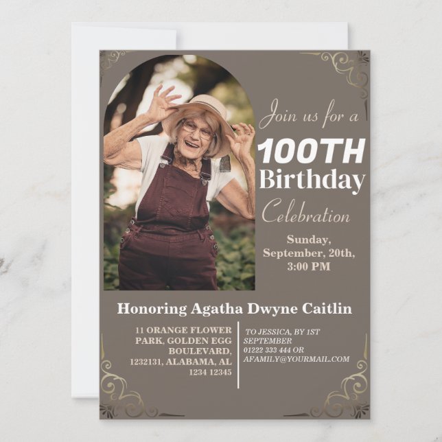 Invitation Famille 100e fête d'anniversaire Simple photo élég (Devant)
