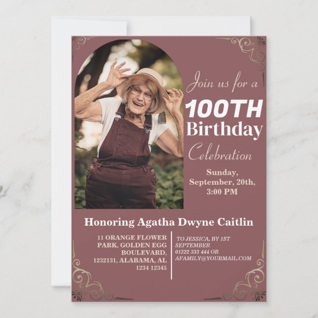 Invitation Famille 100e fête d'anniversaire Simple photo élég (Devant)