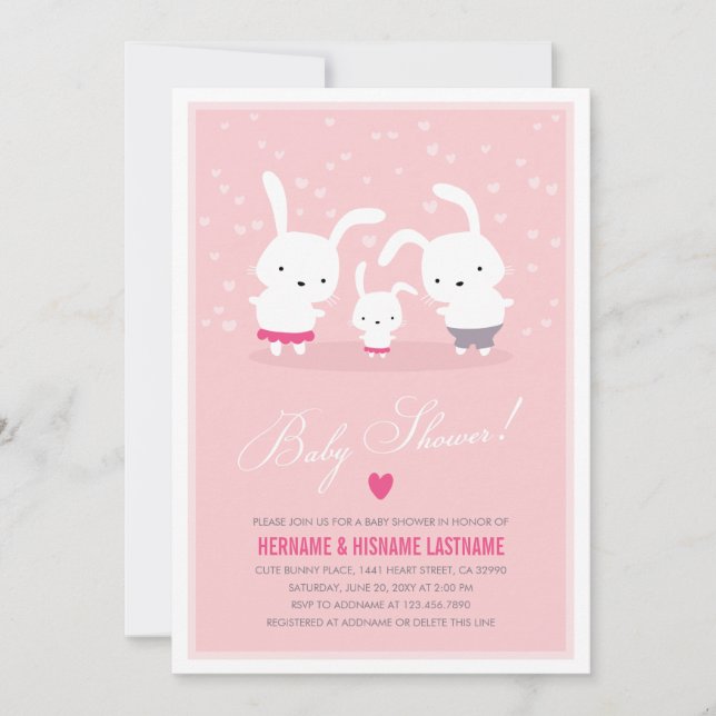 Invitation Famille Bunny mignonne Couples roses Baby shower f (Devant)