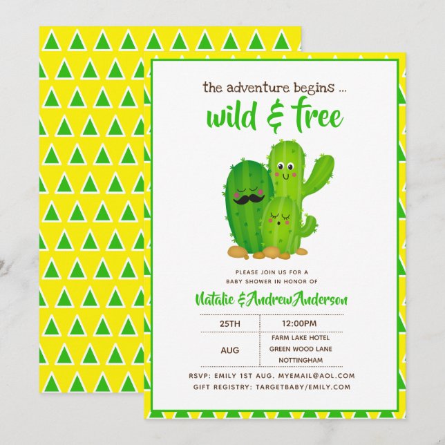 Invitation Famille Cactus sauvage et libre Moderne Jaune Vert (Devant / Derrière)