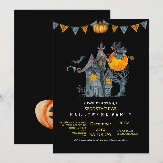 Invitation Famille de couleur d'eau mignonne fêtée d'Hallowee (Devant / Derrière)