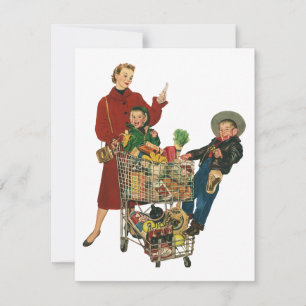 Invitation Famille Rétro, Maman et Enfants Chariot de Courses