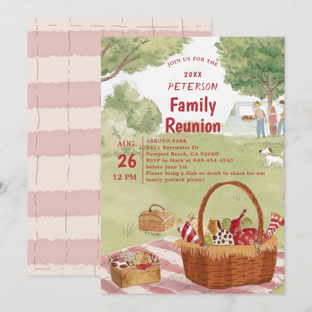 Invitation Famille Réunion Pique-nique Cute Été Illustration (Devant / Derrière)