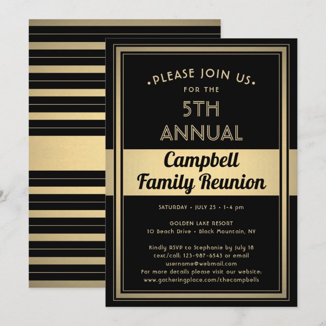 Invitation Famille Reunion Stylé Typographie Noir et Or (Devant / Derrière)