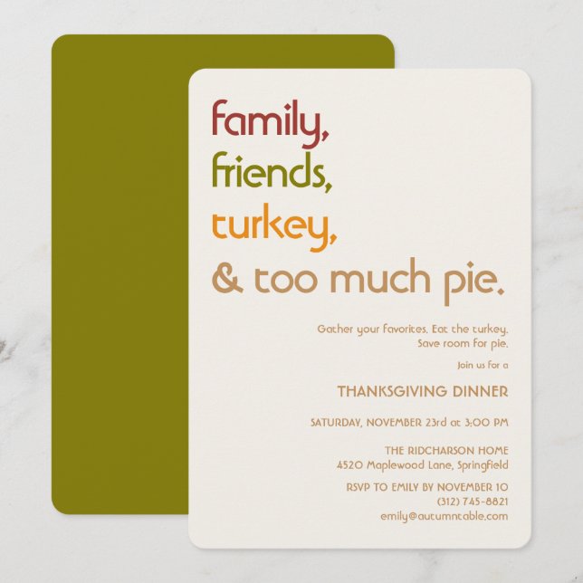Invitation Family, Friends, Turkey, Pie Modern Thanksgiving (Devant / Derrière)