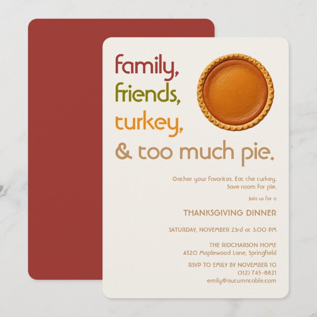 Invitation Family, Friends, Turkey, Pie Modern Thanksgiving (Devant / Derrière)