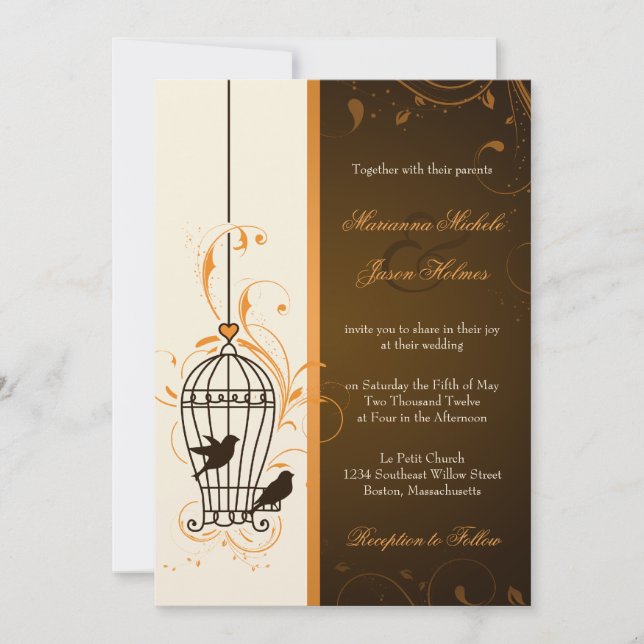 Invitation Fanciques tourbillons Orange Birdcage et Mariage B (Devant)