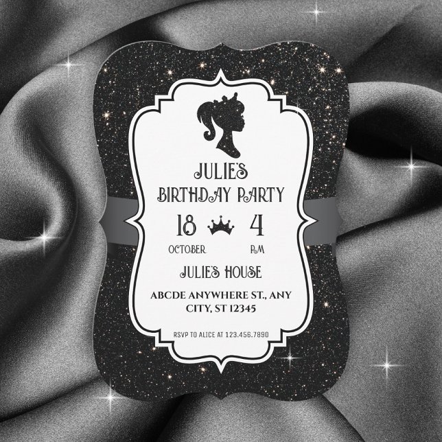 Invitation Fancy Black pailletés poupée anniversaire  (Créateur téléchargé)