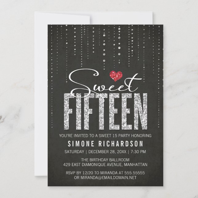 Invitation Fancy Black Silver Red Sweet 15 Anniversaire (Devant)