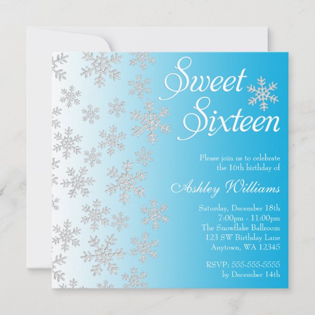 Invitation Fancy Blue Snowflakes Winter Wonderland Sweet 16 (Devant)