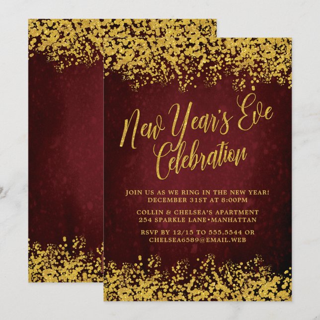 Invitation Fancy Burgundy & Gold New Year's Eve Party (Devant / Derrière)