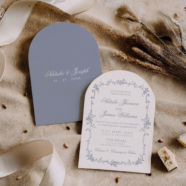 Invitation Fancy Dusty Blue Floral Boho Chic Arched Wedding (Créateur téléchargé)