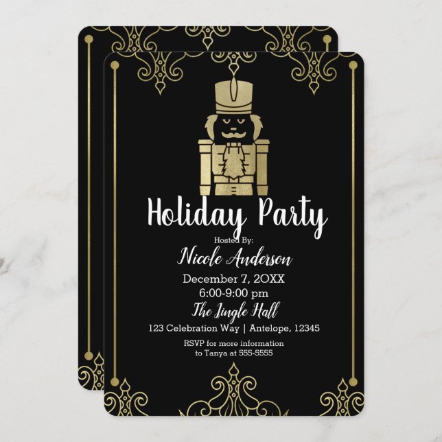 Invitation Fancy Elegant Noir Noir Noir Nutcracker Fête Fête (Devant / Derrière)