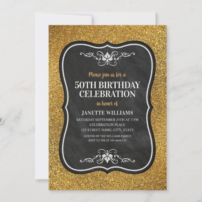 Invitation Fancy Golden Parties scintillant Adult 50th Birthd (Devant)