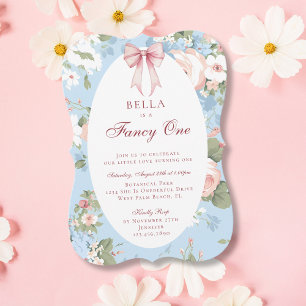 Invitation Fancy One Rose Blue Bow Floral 1er Anniversaire