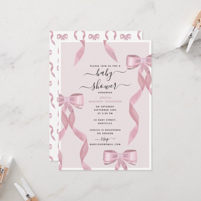 Invitation Fancy Pink Bow thème Girls Baby shower (Devant/Arrière en situation)