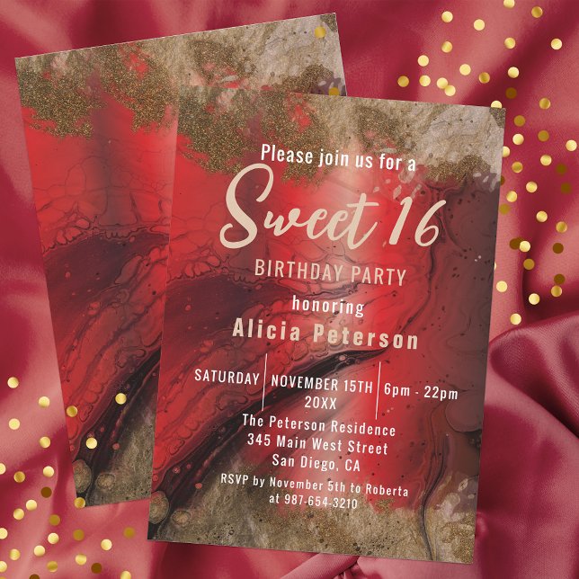 Invitation Fancy Red Gold Glam Luxury Marble Paint Sweet 16 (Créateur téléchargé)
