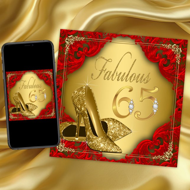 Invitation Fancy Red Gold High Heel Fabuleux 65e anniversaire (Womans 65th birthday party invitation with gold high heel shoe on an elegant red and gold background)