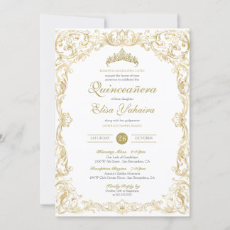 Invitation Fancy Regal White Gold Elegant Quinceanera