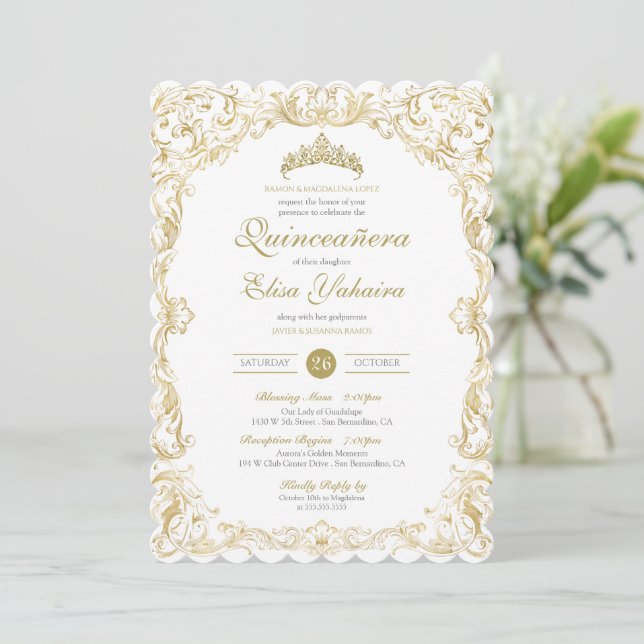Invitation Fancy Regal White Gold Elegant Quinceanera (Debout devant)