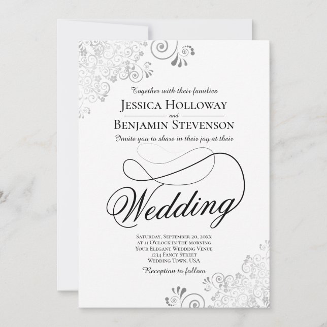 Invitation Fancy Script with Flourish Silver & White Wedding (Devant)