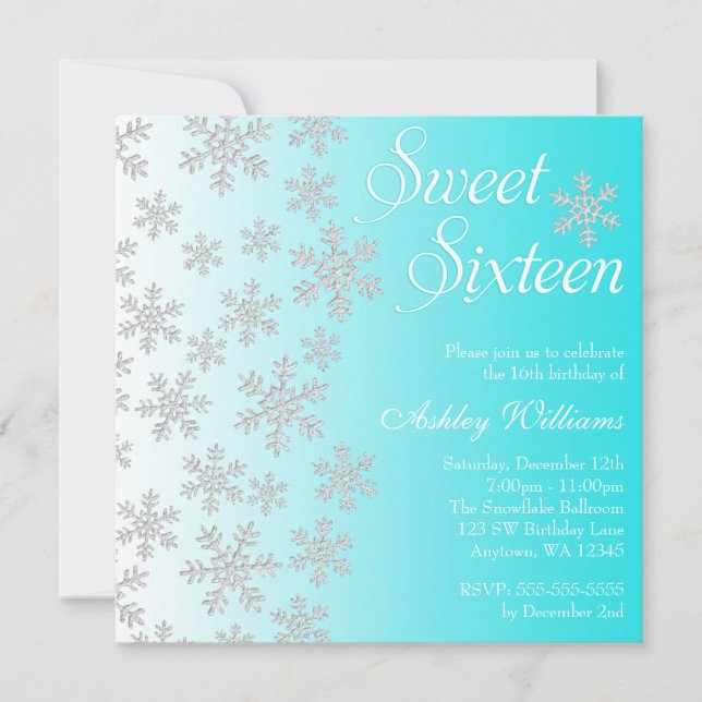 Invitation Fancy Turquoise Snowflakes Winter Wonderland Sweet (Devant)