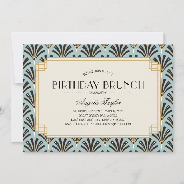 Invitation Fans Art déco Anniversaire Brunch Bleu (Devant)
