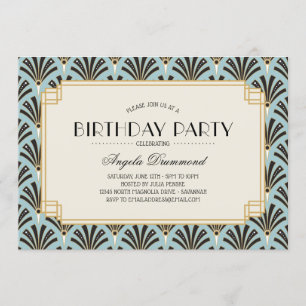 Invitation Fans Art déco Retraite Party Sky Blue