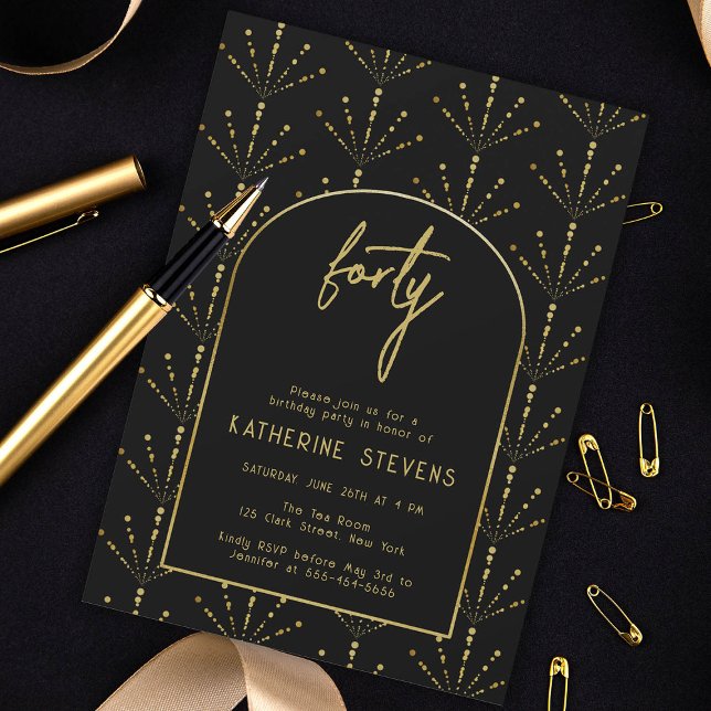 Invitation Fans déco Fireworks Gold Boho Frame 40e anniversai (deco 40th birthday invitation gold fans fireworks boho arch black elegant art diy template card)