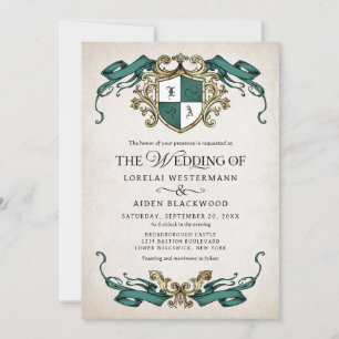 Invitation Fantaisie Médiévale Bouclier Vert Émeraude Mariage