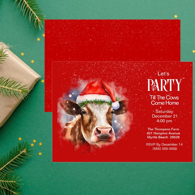Invitation Fantaisie Vache de ferme Santa Hat Fête de Noël Ro (Créateur téléchargé)