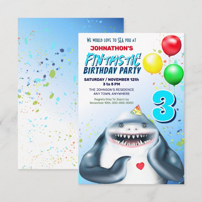 Invitation Fantastique fête Anniversaire de enfant de requin (Devant / Derrière)