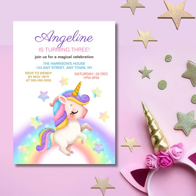 Invitation Fantasy Rainbow Stars Unicorn Girl Birthday  (Créateur téléchargé)