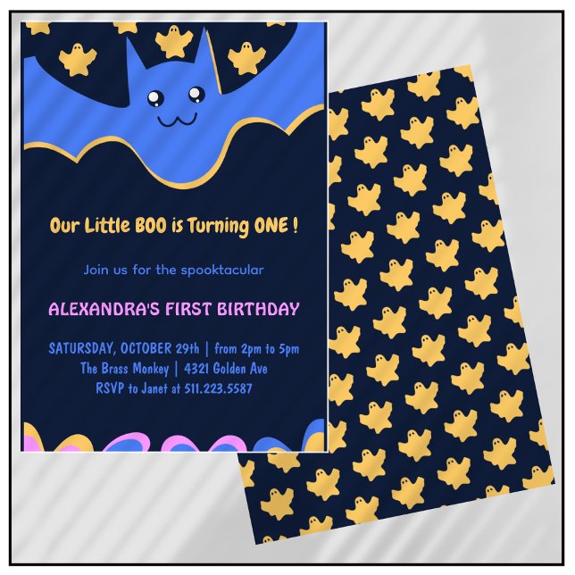 Invitation Fantôme Bateau volant Petit bosse Halloween 1er an (Halloween-1st-Birthday-Invitation-Ghost-Flying-bat-Little-boo-1)
